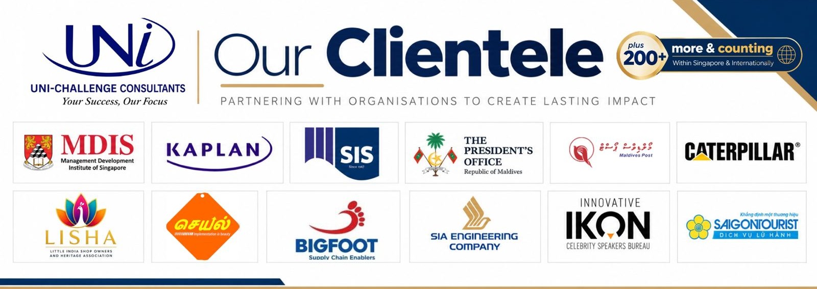 Our Clientele - MDIS, Kaplan, SIS, The President's Office Maldives, Caterpillar, LISHA, Bigfoot, SIA Engineering, Saigontourist